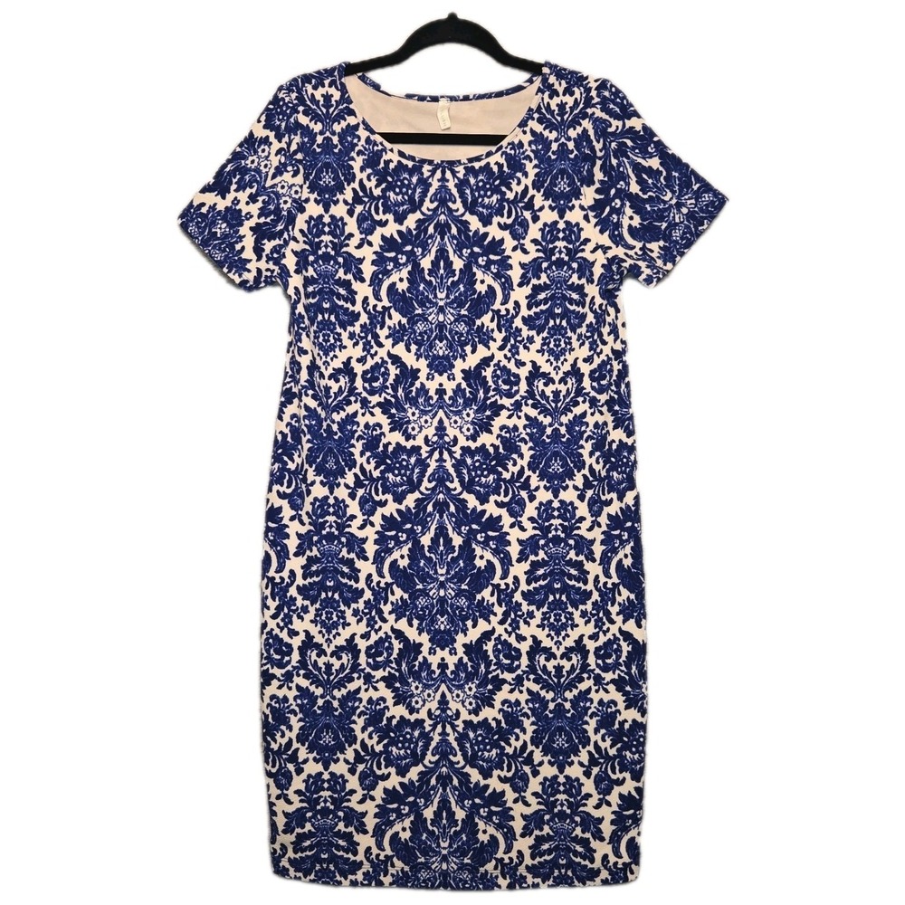 PinkBlush Blue White Damask Maternity Dress- Women's Large Soft Comfort Stretch